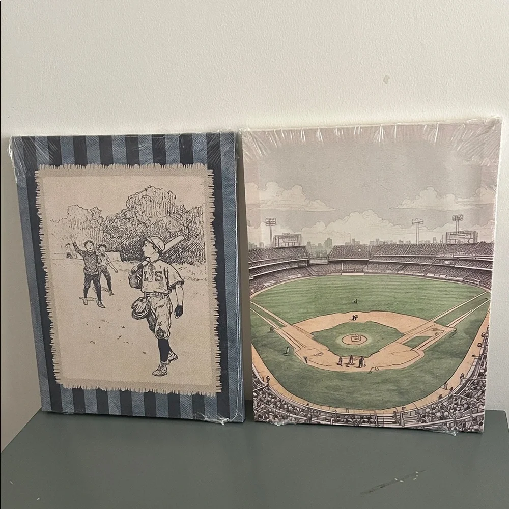 2 piece Set - Vintage Design Black and Cream Baseball Canvas Wall Art